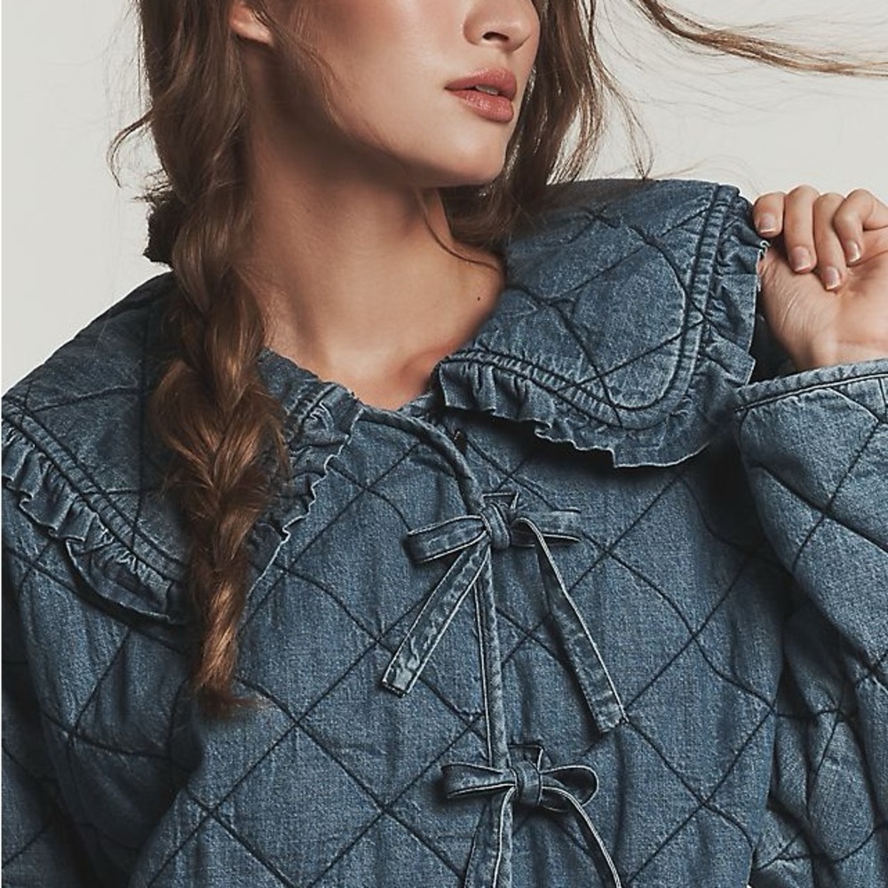 Maeve Anthropologie Denim Quilted Tie-Front Jacket in Medium Blue